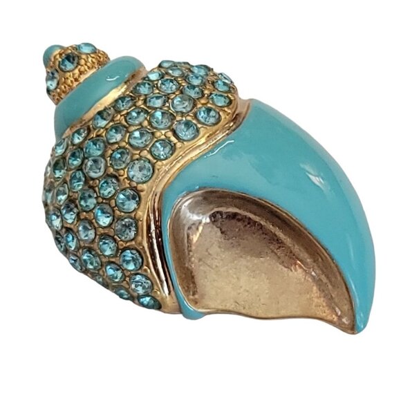LC Liz Claiborne Teal, Robins Egg Enamel Seashell Blue Rhinestone Brooch, M732 - Picture 3 of 9